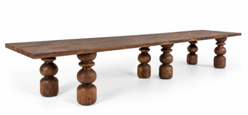 Monarch Table, 500cm reclaimed teak banquet table with six sculptural turned legs in Cocoa Brown finish