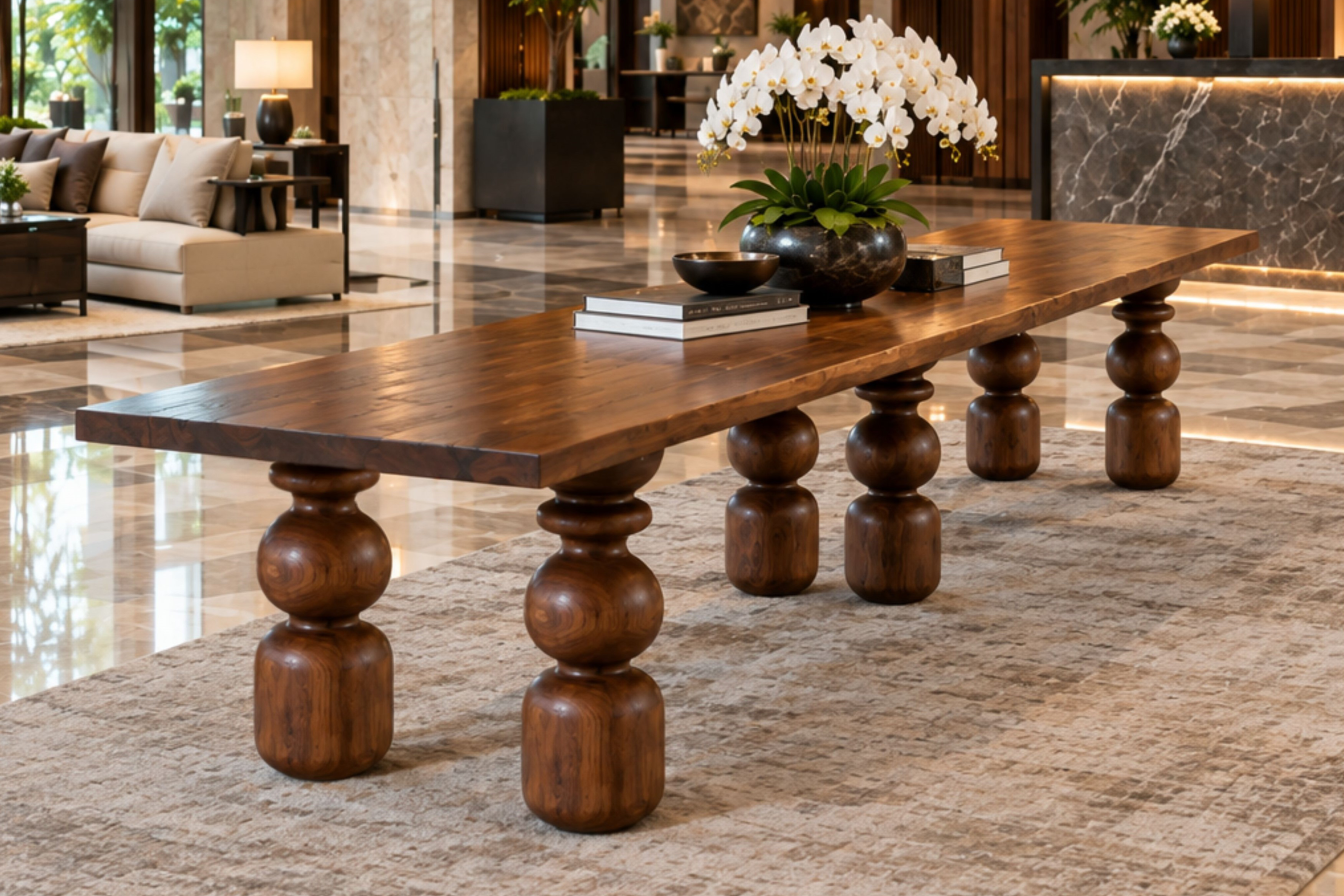 Monarch Table, reclaimed teak dining table at a hotel