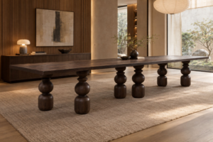 Monarch Table styled in a warm Japandi-inspired residential dining room