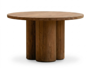 Wana Round Dining Table indoor edition with clustered cylindrical reclaimed teak legs and Olpatine finish